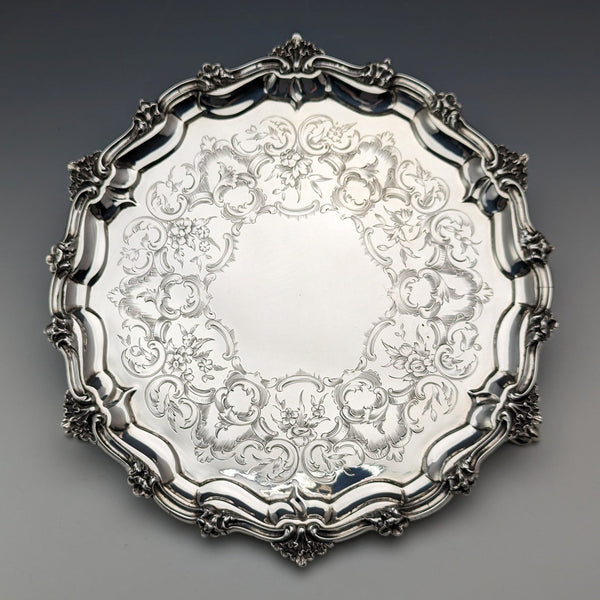 1846 British antique sterling silver Salva card tray, diameter 23cm, 396g, George Frederick Pinnell