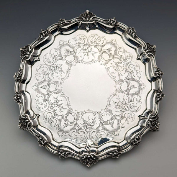 1846年 英国アンティーク 純銀製サルヴァ カードトレイ 直径23cm 396g George Frederick Pinnell