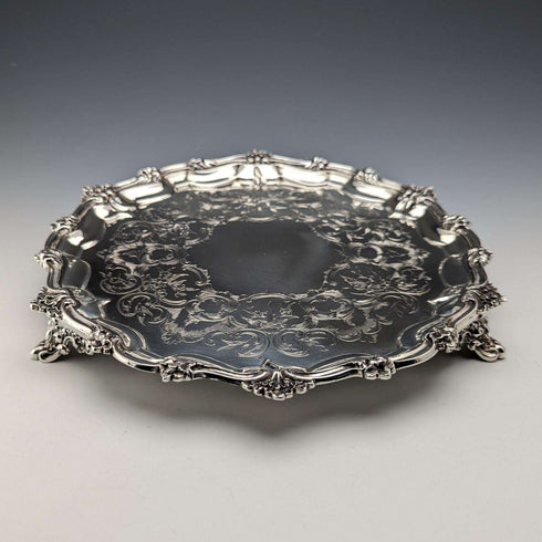 1846年 英国アンティーク 純銀製サルヴァ カードトレイ 直径23cm 396g George Frederick Pinnell