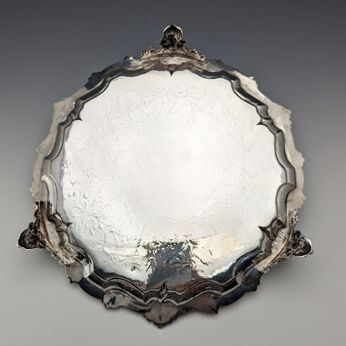 1846 British antique sterling silver Salva card tray, diameter 23cm, 396g, George Frederick Pinnell