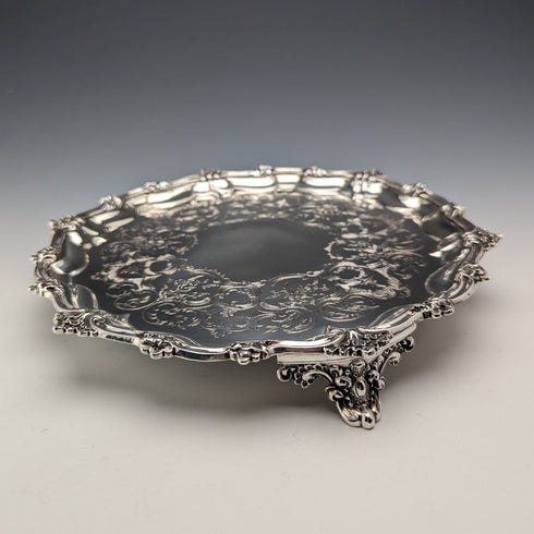 1846 British antique sterling silver Salva card tray, diameter 23cm, 396g, George Frederick Pinnell