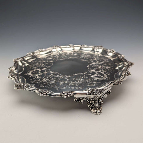 1846年 英国アンティーク 純銀製サルヴァ カードトレイ 直径23cm 396g George Frederick Pinnell