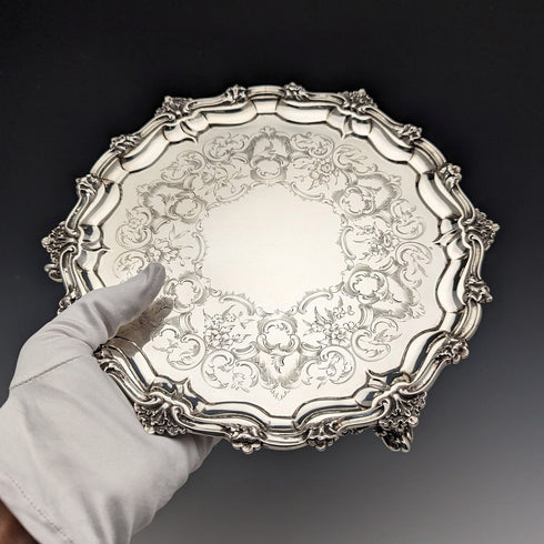 1846 British antique sterling silver Salva card tray, diameter 23cm, 396g, George Frederick Pinnell