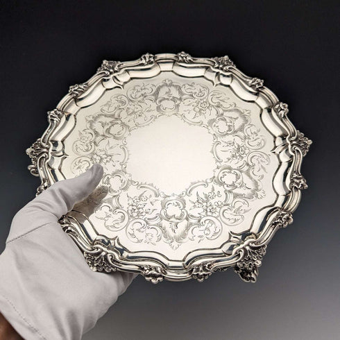 1846年 英国アンティーク 純銀製サルヴァ カードトレイ 直径23cm 396g George Frederick Pinnell
