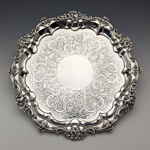 1829 British antique sterling silver Salva card tray, diameter 25cm, 560g, John & William Barnard