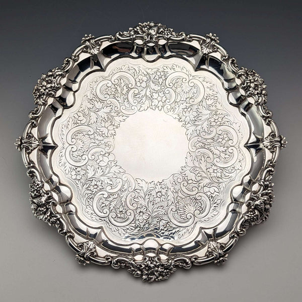 1829年 英国アンティーク 純銀製サルヴァ カードトレイ 直径25cm 560g John&William Barnard