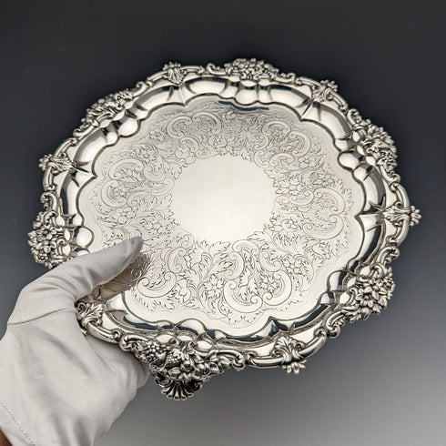 1829 British antique sterling silver Salva card tray, diameter 25cm, 560g, John & William Barnard