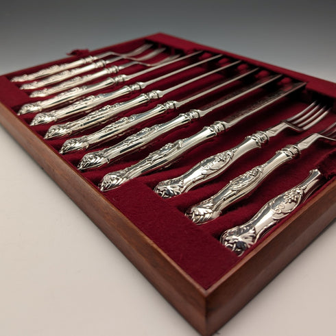 1830年頃 英国アンティーク 純銀ハンドル フルーツカトラリー6ペア Aaron Hadfield トレー入り