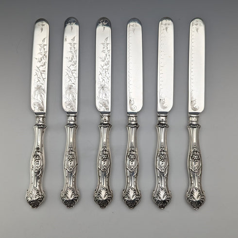 1830年頃 英国アンティーク 純銀ハンドル フルーツカトラリー6ペア Aaron Hadfield トレー入り