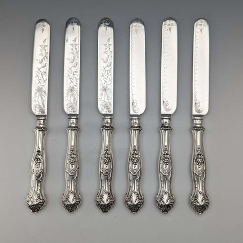 Circa 1830 British antique sterling silver handled fruit cutlery, 6 pairs, Aaron Hadfield, with tray
