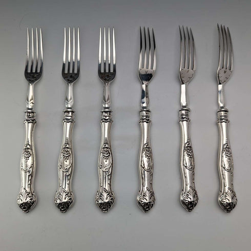 Circa 1830 British antique sterling silver handled fruit cutlery, 6 pairs, Aaron Hadfield, with tray