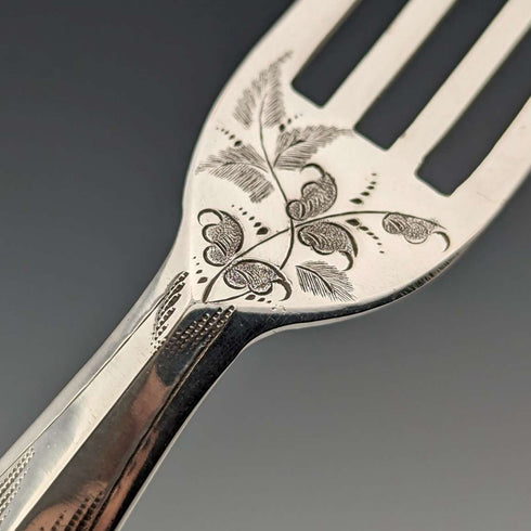 Circa 1830 British antique sterling silver handled fruit cutlery, 6 pairs, Aaron Hadfield, with tray