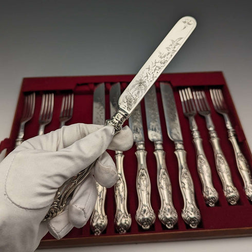 Circa 1830 British antique sterling silver handled fruit cutlery, 6 pairs, Aaron Hadfield, with tray