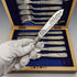 Circa 1900 British antique white mother-of-pearl handle dessert cutlery set of 6 pairs in wooden box