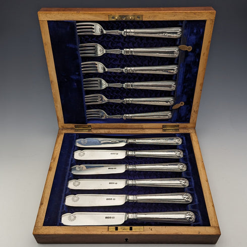 1906 British antique pure silver cutlery set, 6 pairs, 612g total, George Howson, in wooden box