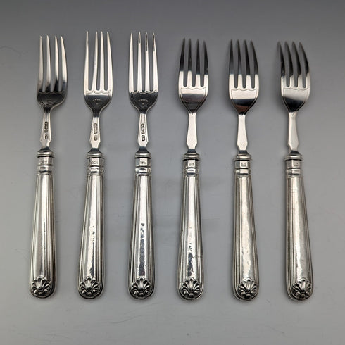 1906 British antique pure silver cutlery set, 6 pairs, 612g total, George Howson, in wooden box