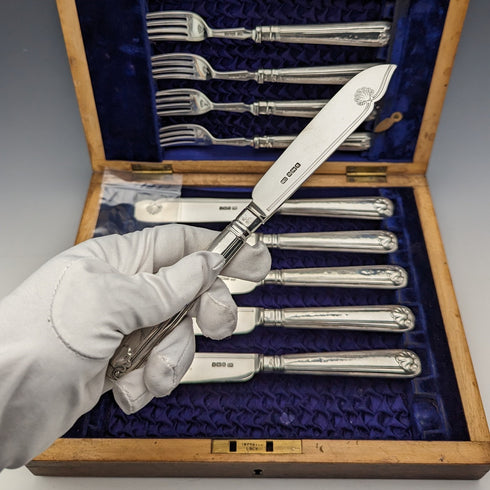 1906 British antique pure silver cutlery set, 6 pairs, 612g total, George Howson, in wooden box