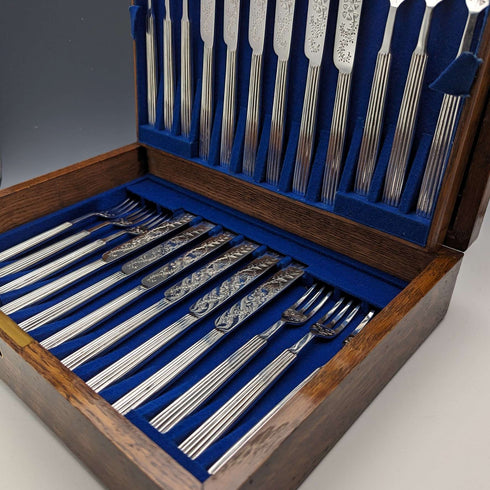 1880 British antique silver plate dessert cutlery set of 12, Martin & Hall, wooden box