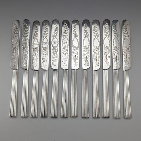 1880年 英国アンティーク シルバープレート製 デザートカトラリー 12ペアセット Martin&Hall 木箱入り