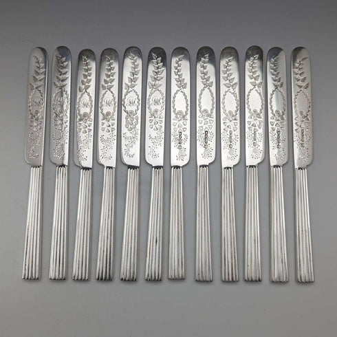 1880 British antique silver plate dessert cutlery set of 12, Martin & Hall, wooden box