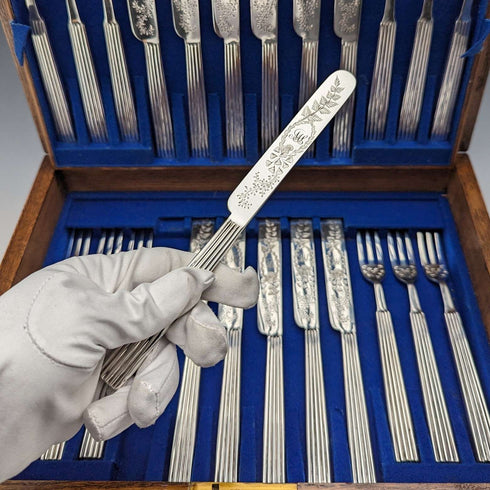 1880 British antique silver plate dessert cutlery set of 12, Martin & Hall, wooden box