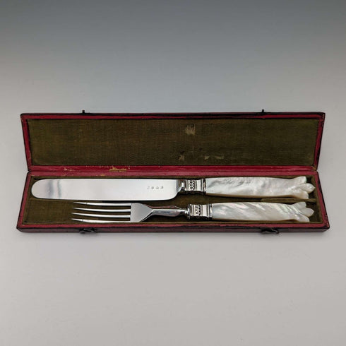 Early 19th Century British Antique White Mother of Pearl Handle Travel Cutlery Pair with Case
