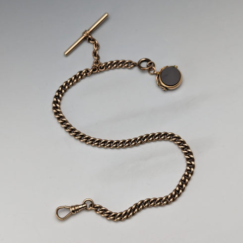 英国アンティーク 金張りアルバートチェーン 9ctゴールド2色回転フォブ