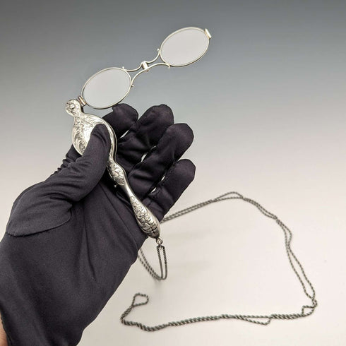 American antique sterling silver detailed portable folding glasses with chain