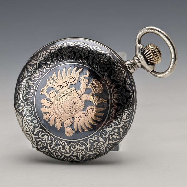 Antique Swiss made unsigned pocket watch, silver side, fine Niello, hunter case, in good working order
