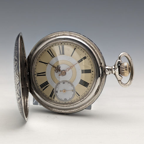 アンティーク スイス製 無銘 懐中時計 銀側 細密ニエロ ハンターケース 動作良好