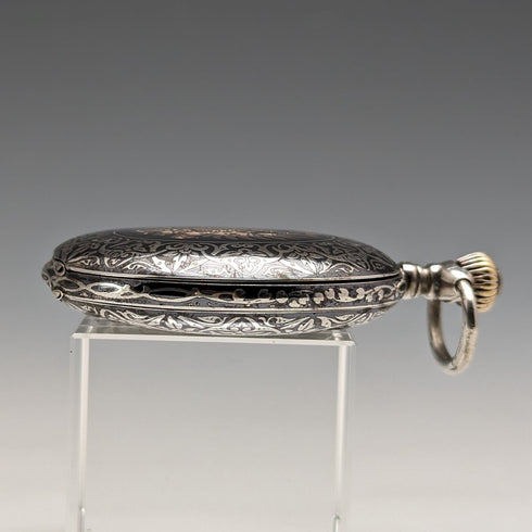 アンティーク スイス製 無銘 懐中時計 銀側 細密ニエロ ハンターケース 動作良好