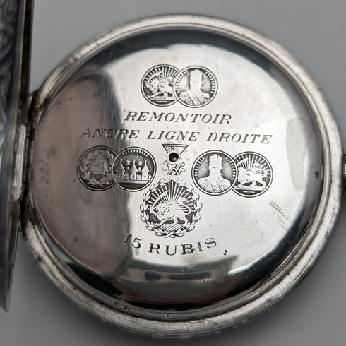 アンティーク スイス製 無銘 懐中時計 銀側 細密ニエロ ハンターケース 動作良好