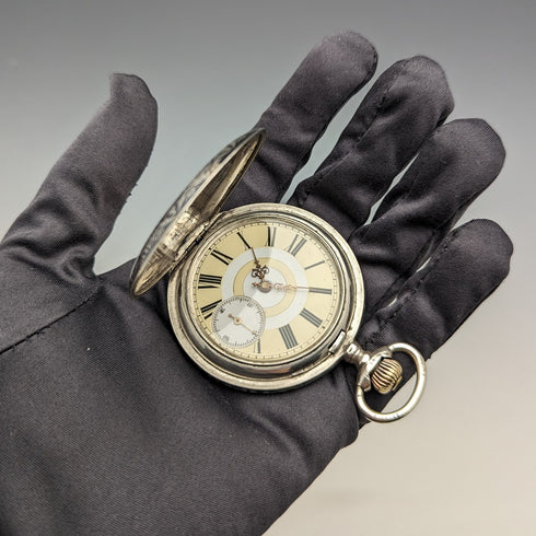 アンティーク スイス製 無銘 懐中時計 銀側 細密ニエロ ハンターケース 動作良好