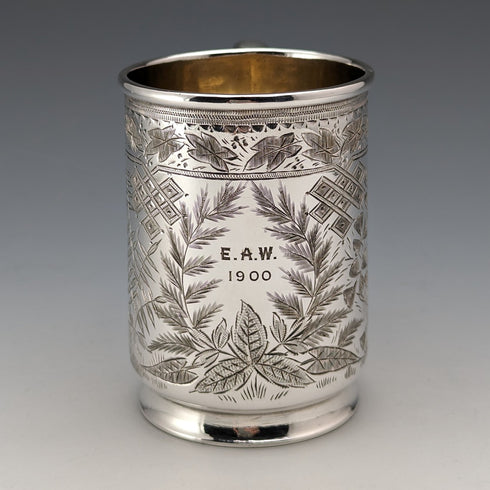 Antique British silver plate mug from Deykin & Sons, circa 1900
