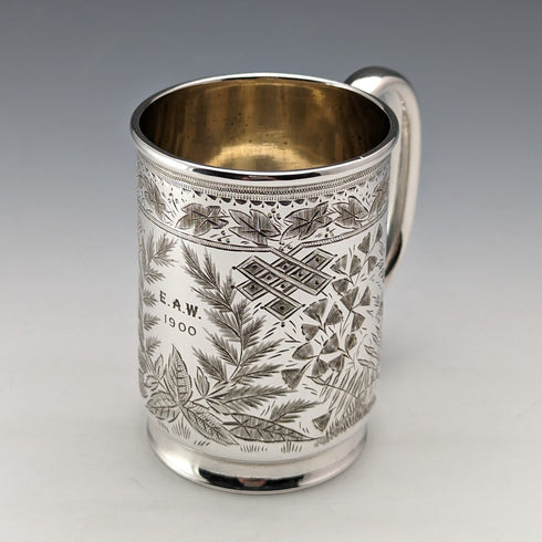 Antique British silver plate mug from Deykin & Sons, circa 1900