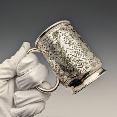 Antique British silver plate mug from Deykin & Sons, circa 1900