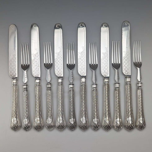 Antique British silver plate dessert cutlery set of 6, circa 1865