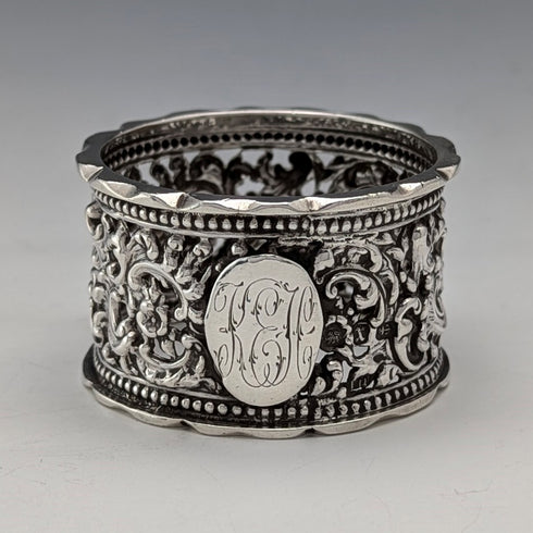 1897 British antique sterling silver openwork napkin ring, 27g, Thomas Hayes