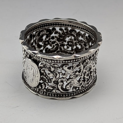 1897 British antique sterling silver openwork napkin ring, 27g, Thomas Hayes