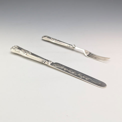 1890 British antique sterling silver dessert cutlery pair 67g Walker & Hall
