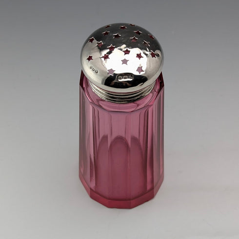 1910年 英国アンティーク クランベリーガラス 純銀蓋 シュガーキャスター Hukin&Heath