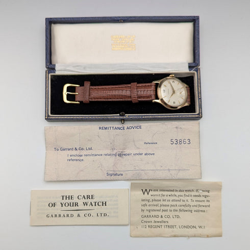 1958 British Garrard 9K solid gold Denison case men's wristwatch in box, serviced