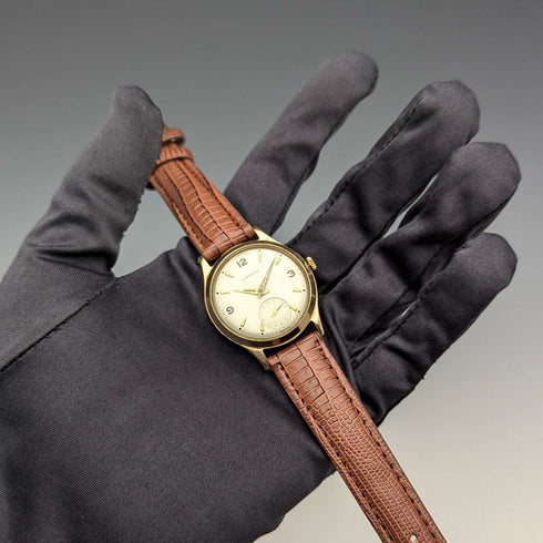 1958 British Garrard 9K solid gold Denison case men's wristwatch in box, serviced