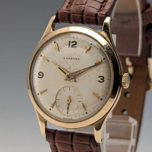 1958 British Garrard 9K solid gold Denison case men's wristwatch in box, serviced