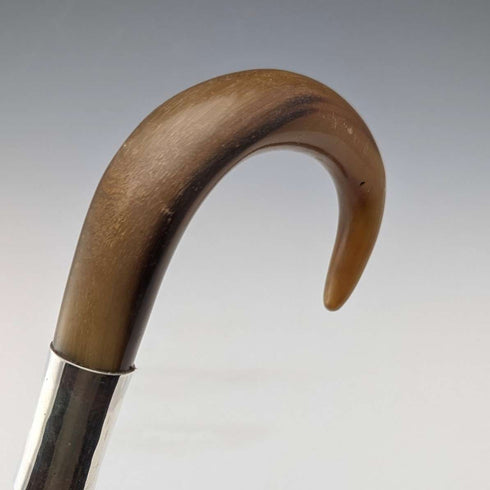 Vintage Gentleman's Sterling Silver Decorated Curved Horn Handle Walking Stick 86cm