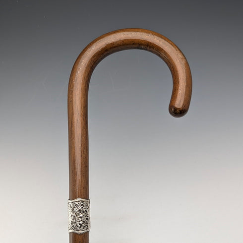 1918年 英国アンティーク 紳士用 浮彫純銀装飾 曲がりハンドル ステッキ 杖 91cm