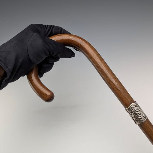 1918年 英国アンティーク 紳士用 浮彫純銀装飾 曲がりハンドル ステッキ 杖 91cm