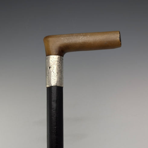 1897年 英国アンティーク 紳士用 純銀装飾 L字ホーンハンドル ステッキ 杖 83cm