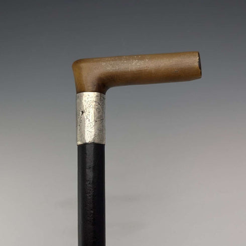 1897 British antique gentleman's pure silver decorated L-shaped horn handle walking stick 83cm