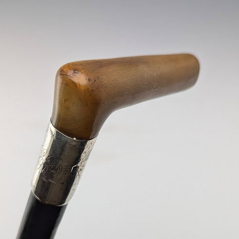 1897年 英国アンティーク 紳士用 純銀装飾 L字ホーンハンドル ステッキ 杖 83cm
